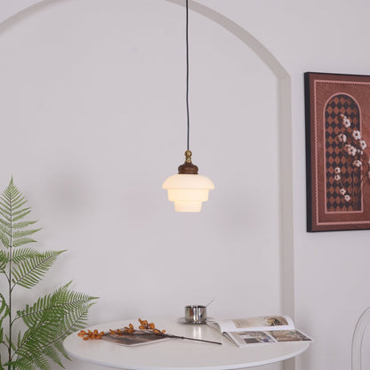 Glass Shade Hanging Lamp 6.3 Inch with Wood Accent for Kitchen Island Dining Table Overhead Fixture E26 Socket Adjustable Cord Dimmable Comp