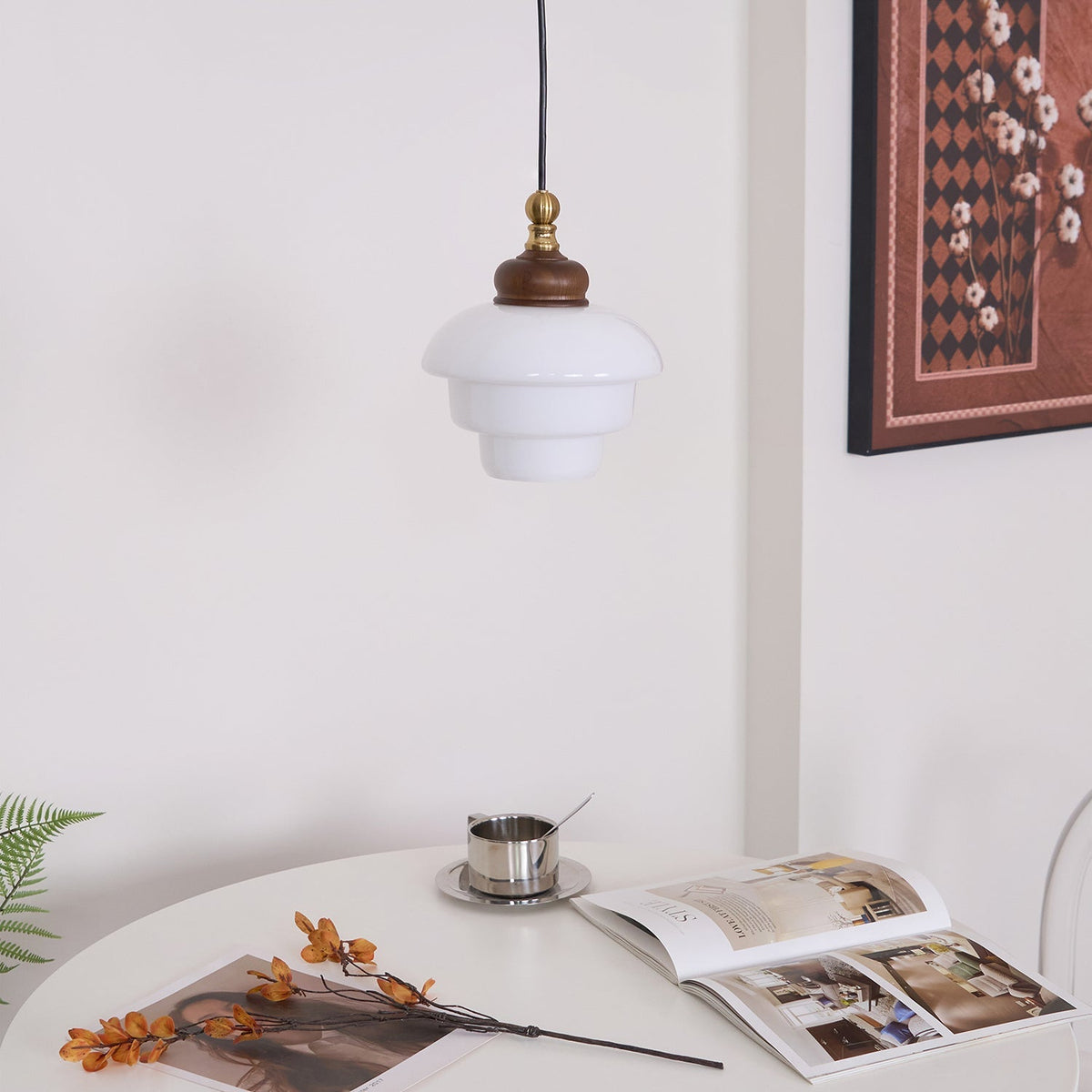 Glass Shade Hanging Lamp 6.3 Inch with Wood Accent for Kitchen Island Dining Table Overhead Fixture E26 Socket Adjustable Cord Dimmable Comp