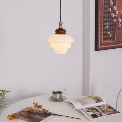 Glass Shade Hanging Lamp 6.3 Inch with Wood Accent for Kitchen Island Dining Table Overhead Fixture E26 Socket Adjustable Cord Dimmable Comp