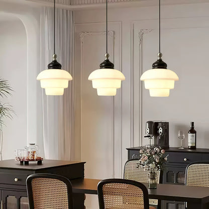 Glass Shade Hanging Lamp 6.3 Inch with Wood Accent for Kitchen Island Dining Table Overhead Fixture E26 Socket Adjustable Cord Dimmable Comp