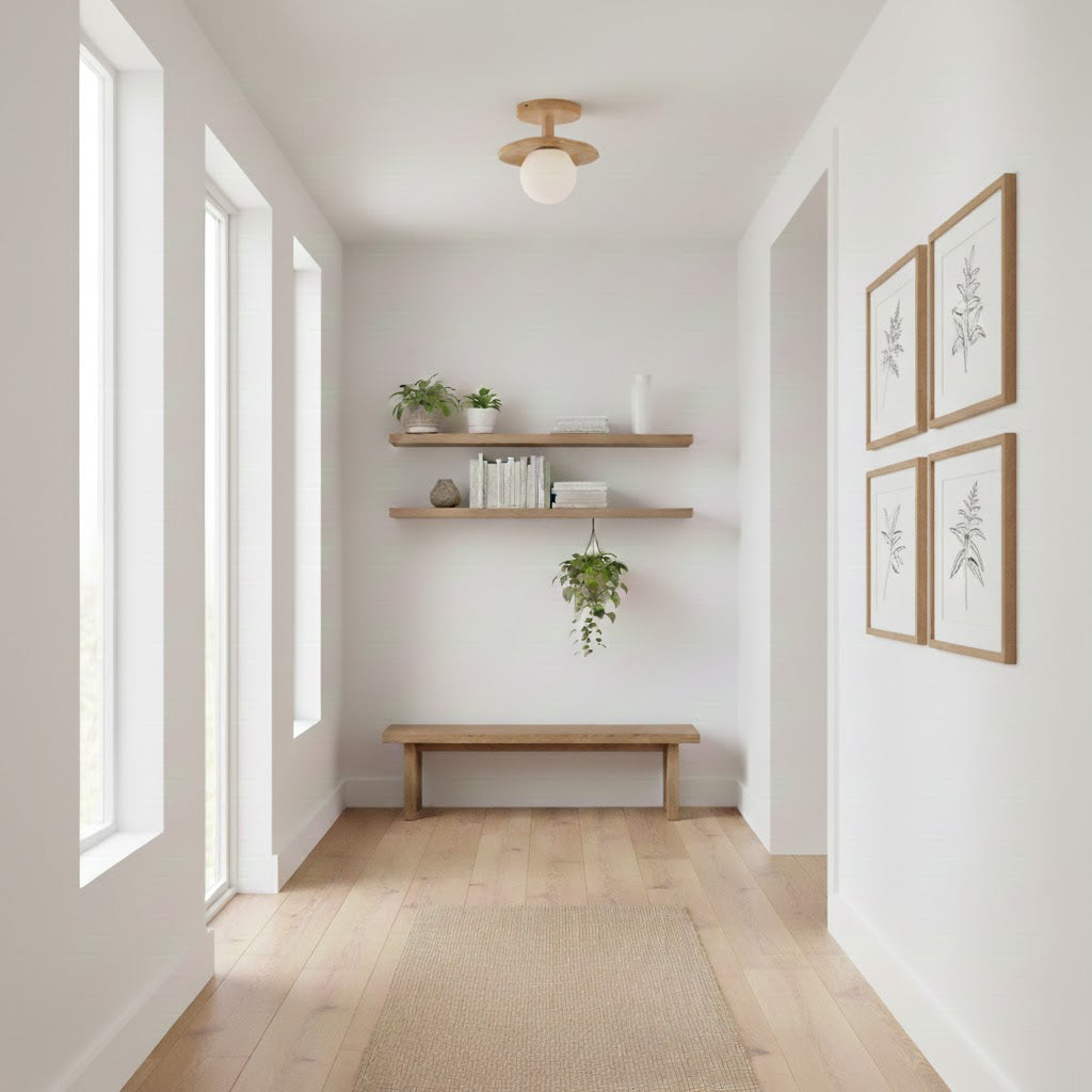 Flush Mount Ceiling Light Fixture with Natural Wood Base & Frosted Glass Shade for Hallways Bedrooms Living Rooms | Modern Farmhouse Style L