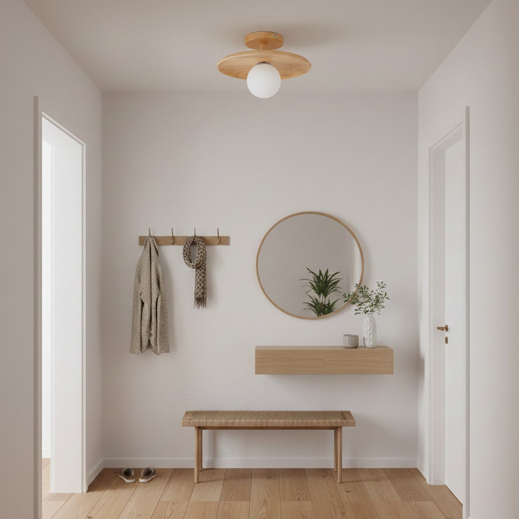 Flush Mount Ceiling Light Fixture with Natural Wood Base & Frosted Glass Shade for Hallways Bedrooms Living Rooms | Modern Farmhouse Style L