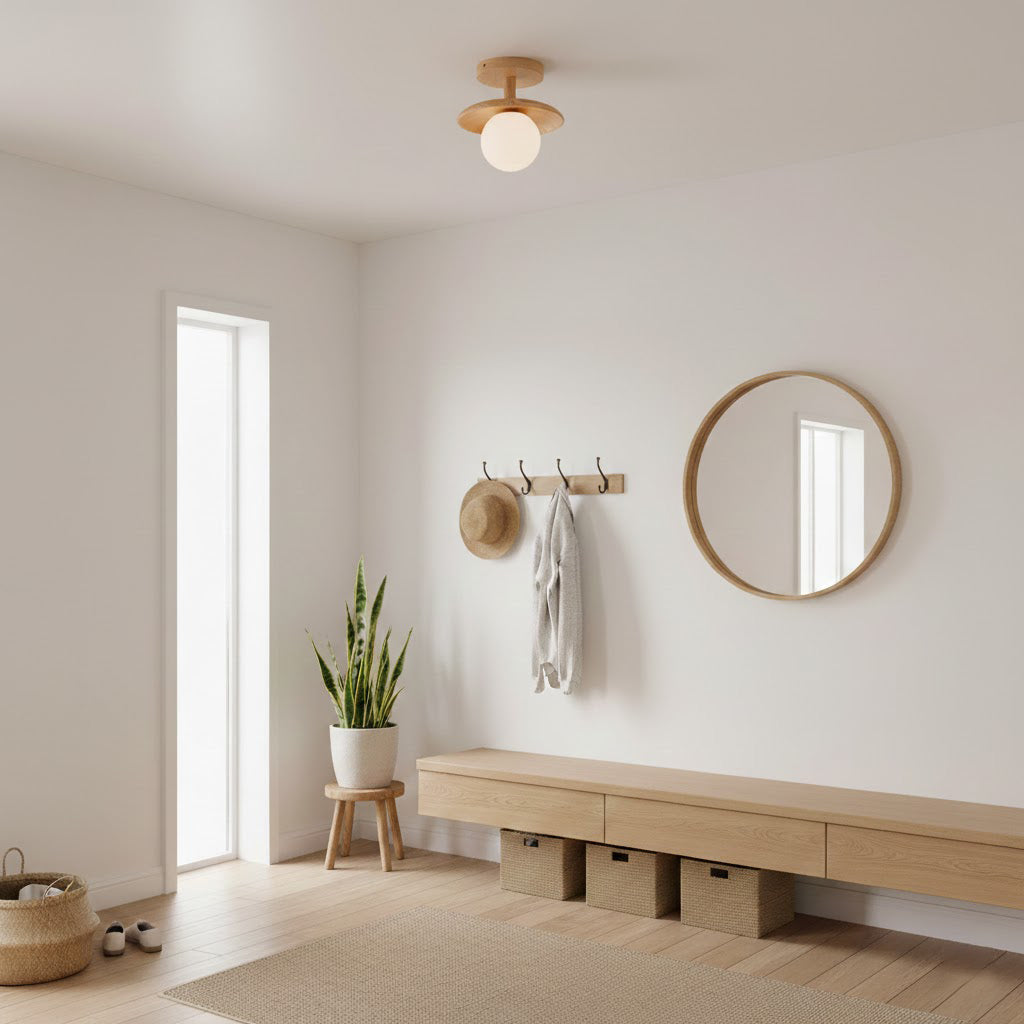 Flush Mount Ceiling Light Fixture with Natural Wood Base & Frosted Glass Shade for Hallways Bedrooms Living Rooms | Modern Farmhouse Style L
