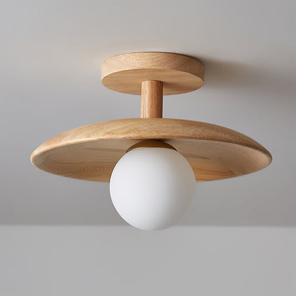 Flush Mount Ceiling Light Fixture with Natural Wood Base & Frosted Glass Shade for Hallways Bedrooms Living Rooms | Modern Farmhouse Style L
