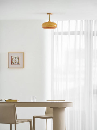 Glass Disc Overhead Fixture Wood Accent 11-Inch Warm Ambient Lighting for Dining Areas Entryways Bedrooms Mid-Century Modern Scandinavian St