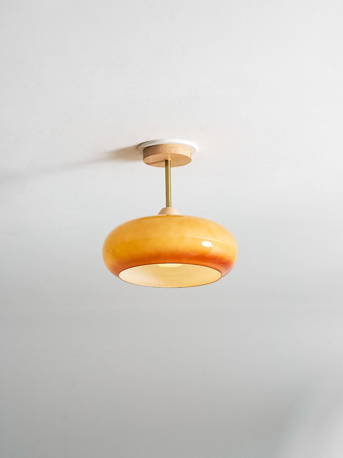 Glass Disc Overhead Fixture Wood Accent 11-Inch Warm Ambient Lighting for Dining Areas Entryways Bedrooms Mid-Century Modern Scandinavian St