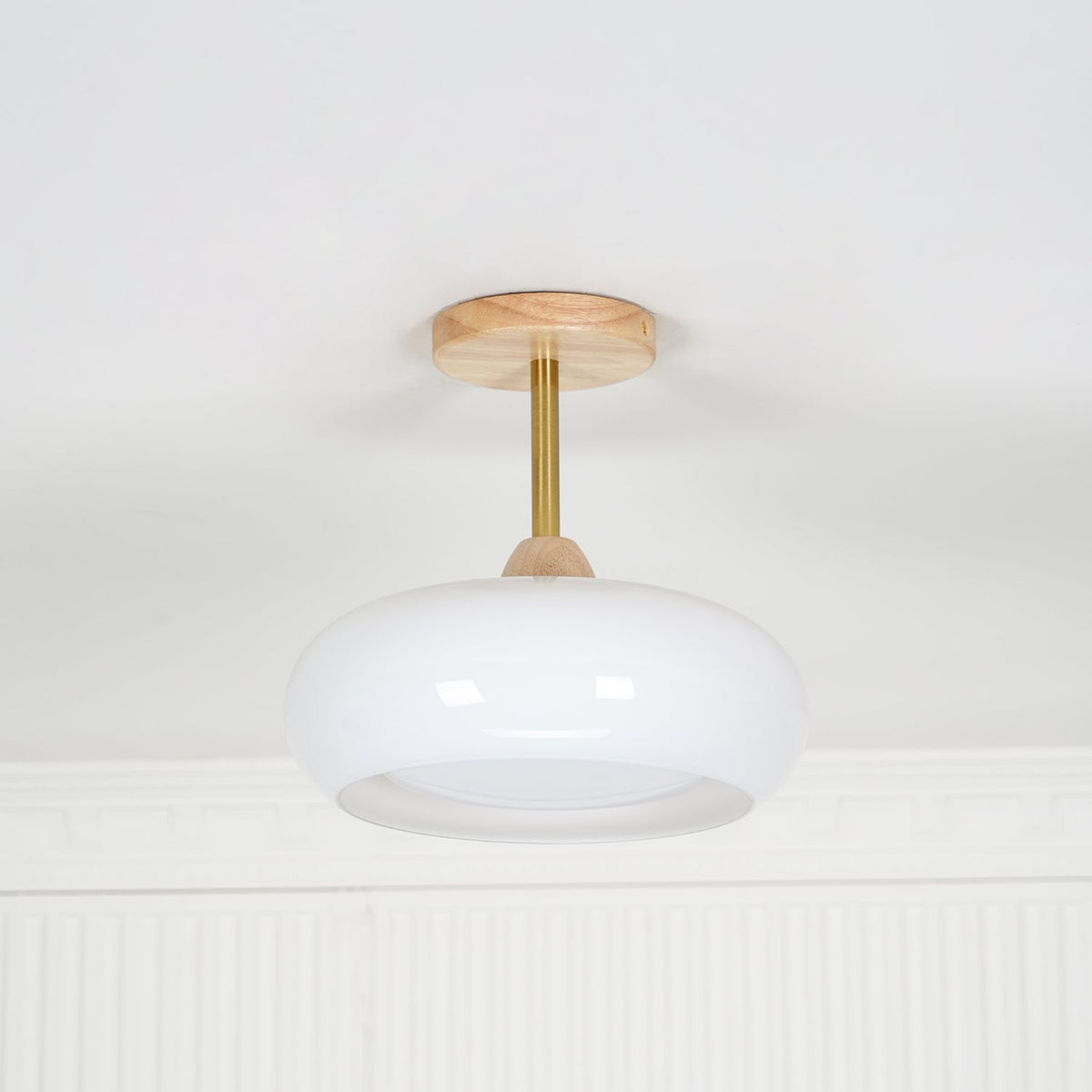 Glass Disc Overhead Fixture Wood Accent 11-Inch Warm Ambient Lighting for Dining Areas Entryways Bedrooms Mid-Century Modern Scandinavian St