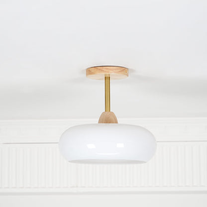 Flush Mount Ceiling Light Fixture Wood & Glass 11 Inch Round for Bedroom Bathroom Dining Room E26 Base Hardwired Indoor Ambient Lighting