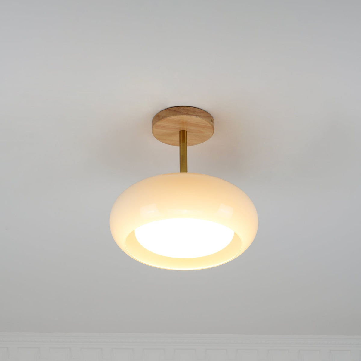 Glass Disc Overhead Fixture Wood Accent 11-Inch Warm Ambient Lighting for Dining Areas Entryways Bedrooms Mid-Century Modern Scandinavian St