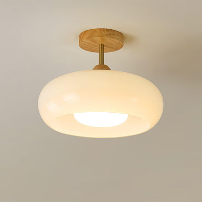 Flush Mount Ceiling Light Fixture Wood & Glass 11 Inch Round for Bedroom Bathroom Dining Room E26 Base Hardwired Indoor Ambient Lighting