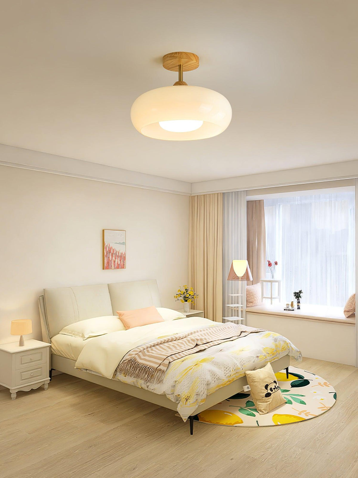 Glass Disc Overhead Fixture Wood Accent 11-Inch Warm Ambient Lighting for Dining Areas Entryways Bedrooms Mid-Century Modern Scandinavian St