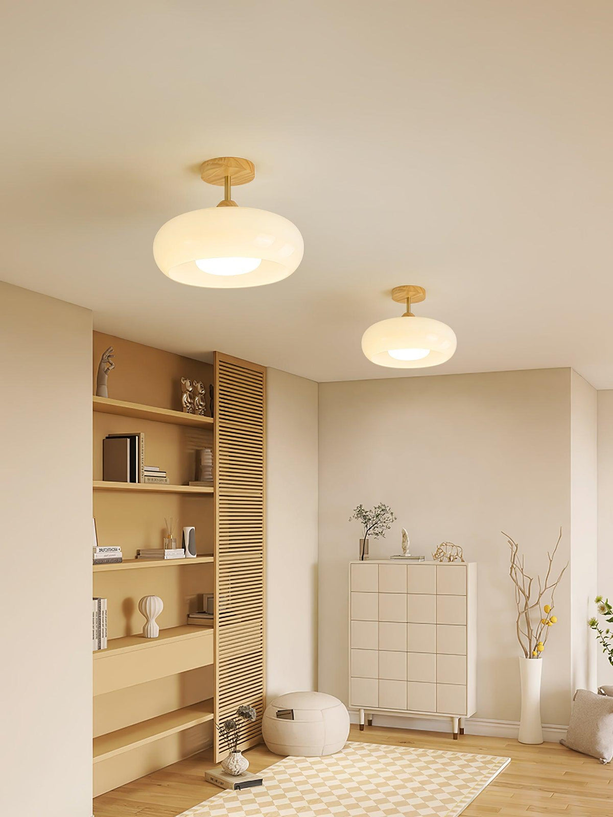 Flush Mount Ceiling Light Fixture Wood & Glass 11 Inch Round for Bedroom Bathroom Dining Room E26 Base Hardwired Indoor Ambient Lighting