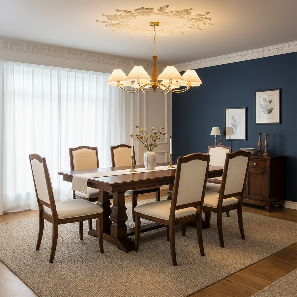 Overhead Fabric Shade Fixture with Curved Arms for Dining Tables & Open Kitchens – Ash Wood & Iron Frame with Adjustable Chain in Beige