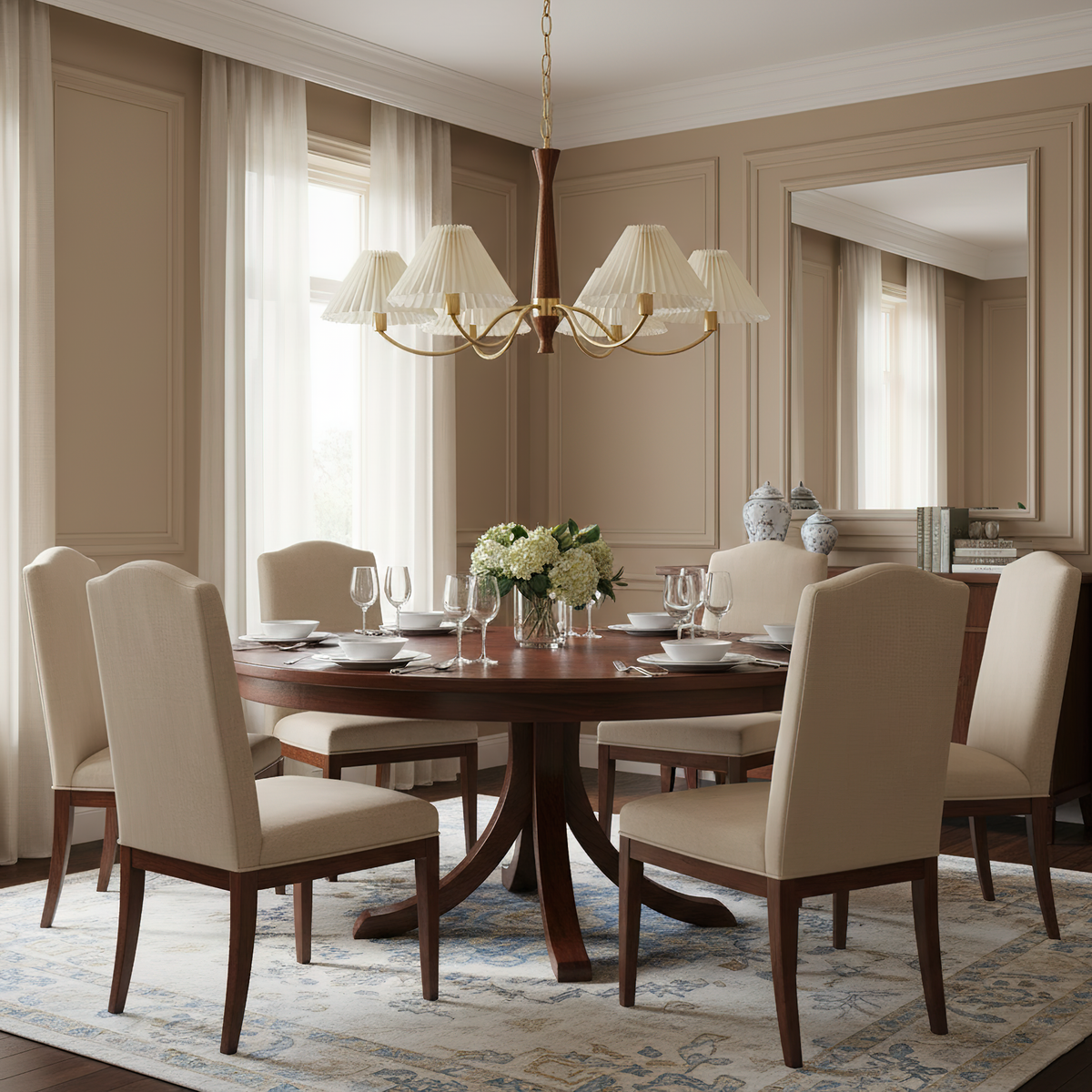 Overhead Fabric Shade Fixture with Curved Arms for Dining Tables & Open Kitchens – Ash Wood & Iron Frame with Adjustable Chain in Beige