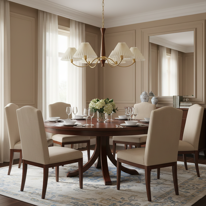 Overhead Fabric Shade Fixture with Curved Arms for Dining Tables & Open Kitchens – Ash Wood & Iron Frame with Adjustable Chain in Beige