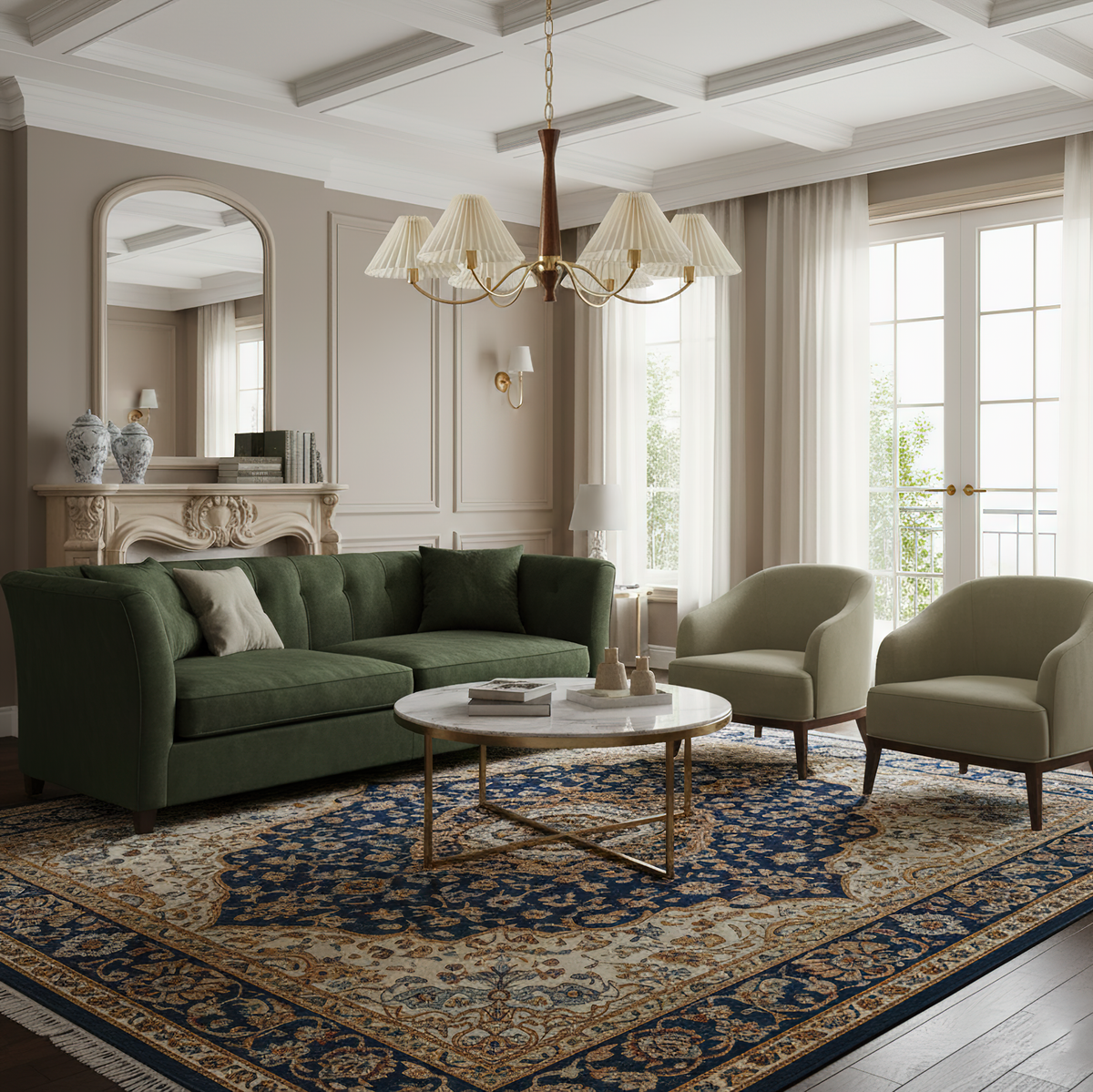 Overhead Fabric Shade Fixture with Curved Arms for Dining Tables & Open Kitchens – Ash Wood & Iron Frame with Adjustable Chain in Beige