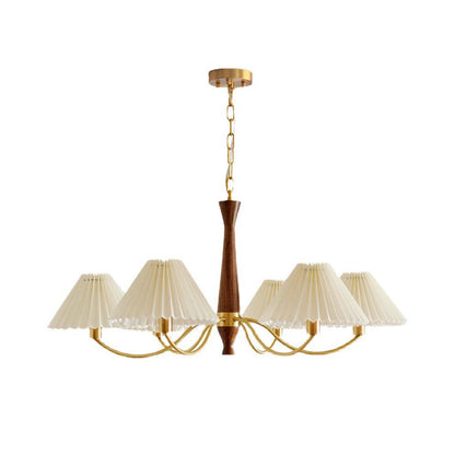 Overhead Fabric Shade Fixture with Curved Arms for Dining Tables & Open Kitchens – Ash Wood & Iron Frame with Adjustable Chain in Beige
