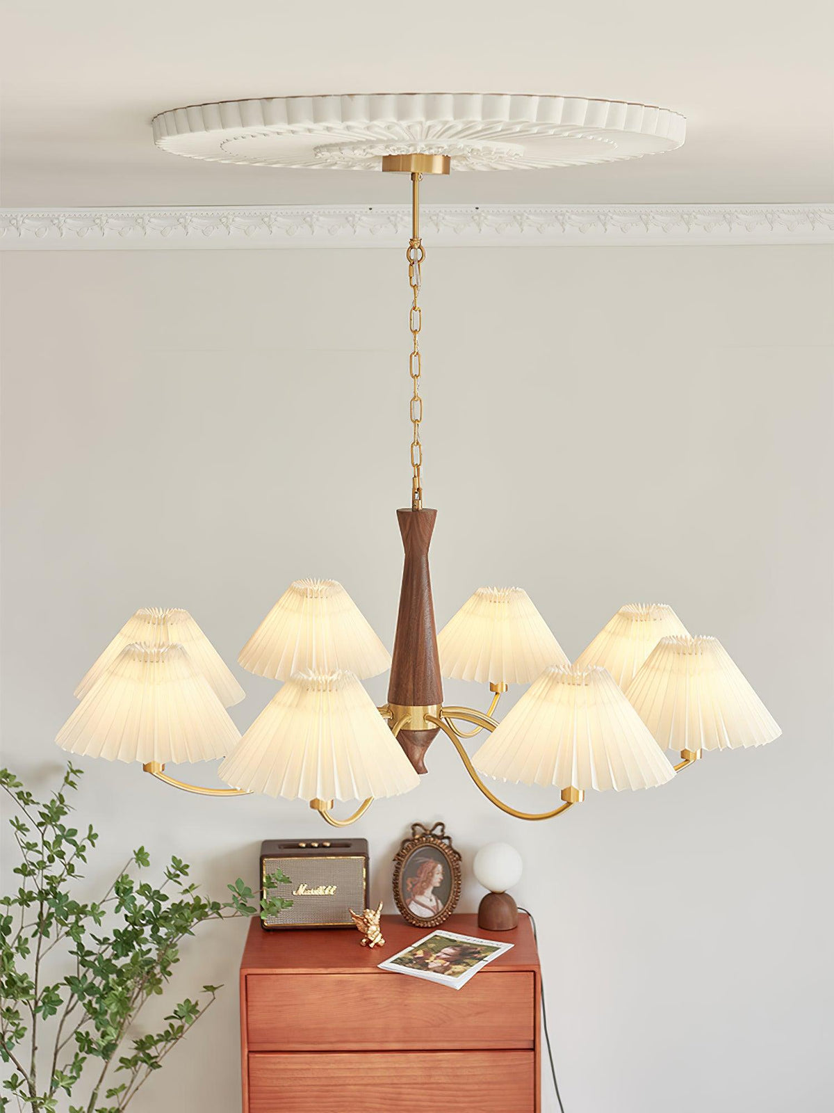 Overhead Fabric Shade Fixture with Curved Arms for Dining Tables & Open Kitchens – Ash Wood & Iron Frame with Adjustable Chain in Beige