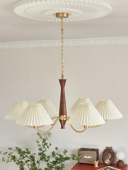 Overhead Fabric Shade Fixture with Curved Arms for Dining Tables & Open Kitchens – Ash Wood & Iron Frame with Adjustable Chain in Beige
