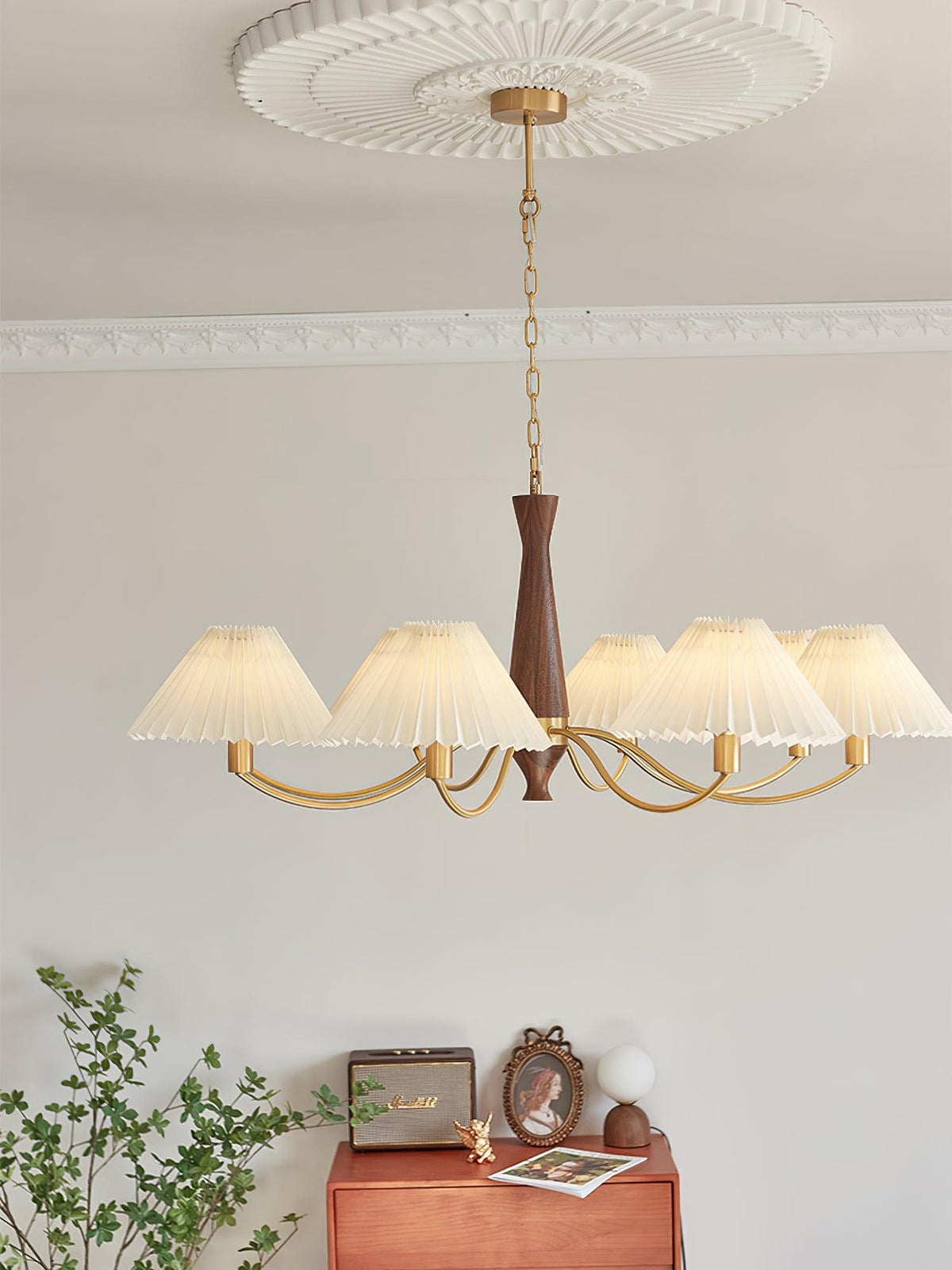 Overhead Fabric Shade Fixture with Curved Arms for Dining Tables & Open Kitchens – Ash Wood & Iron Frame with Adjustable Chain in Beige