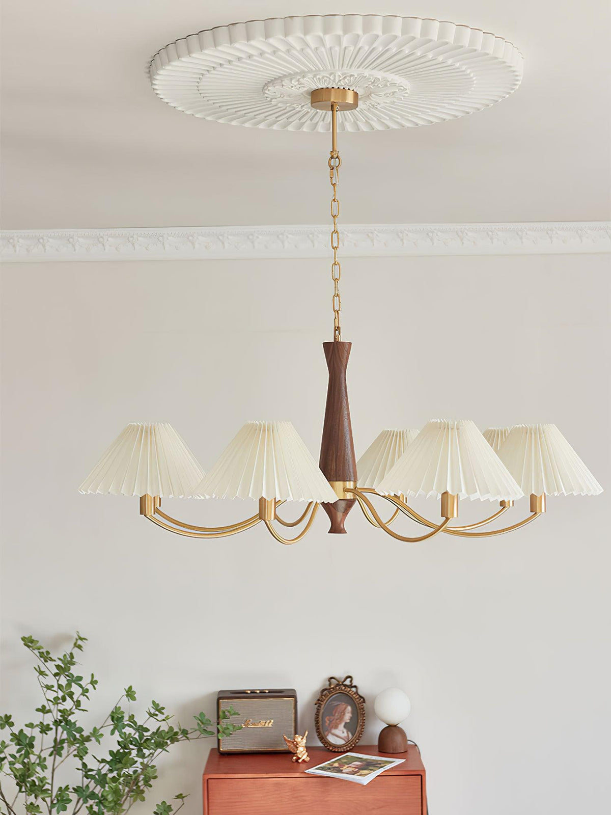 Overhead Fabric Shade Fixture with Curved Arms for Dining Tables & Open Kitchens – Ash Wood & Iron Frame with Adjustable Chain in Beige