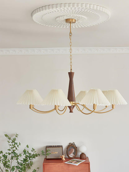 Overhead Fabric Shade Fixture with Curved Arms for Dining Tables & Open Kitchens – Ash Wood & Iron Frame with Adjustable Chain in Beige