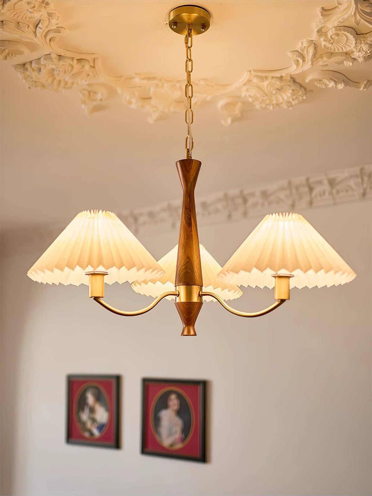 Overhead Fabric Shade Fixture with Curved Arms for Dining Tables & Open Kitchens – Ash Wood & Iron Frame with Adjustable Chain in Beige