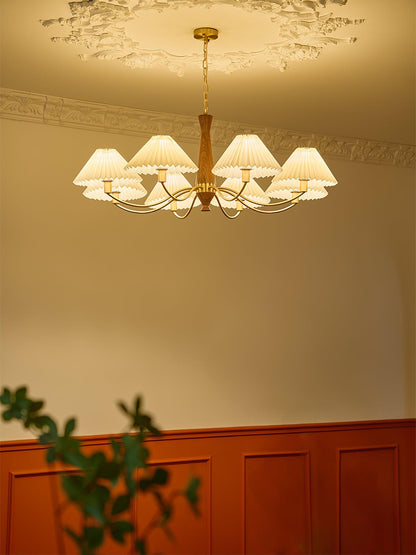 Overhead Fabric Shade Fixture with Curved Arms for Dining Tables & Open Kitchens – Ash Wood & Iron Frame with Adjustable Chain in Beige