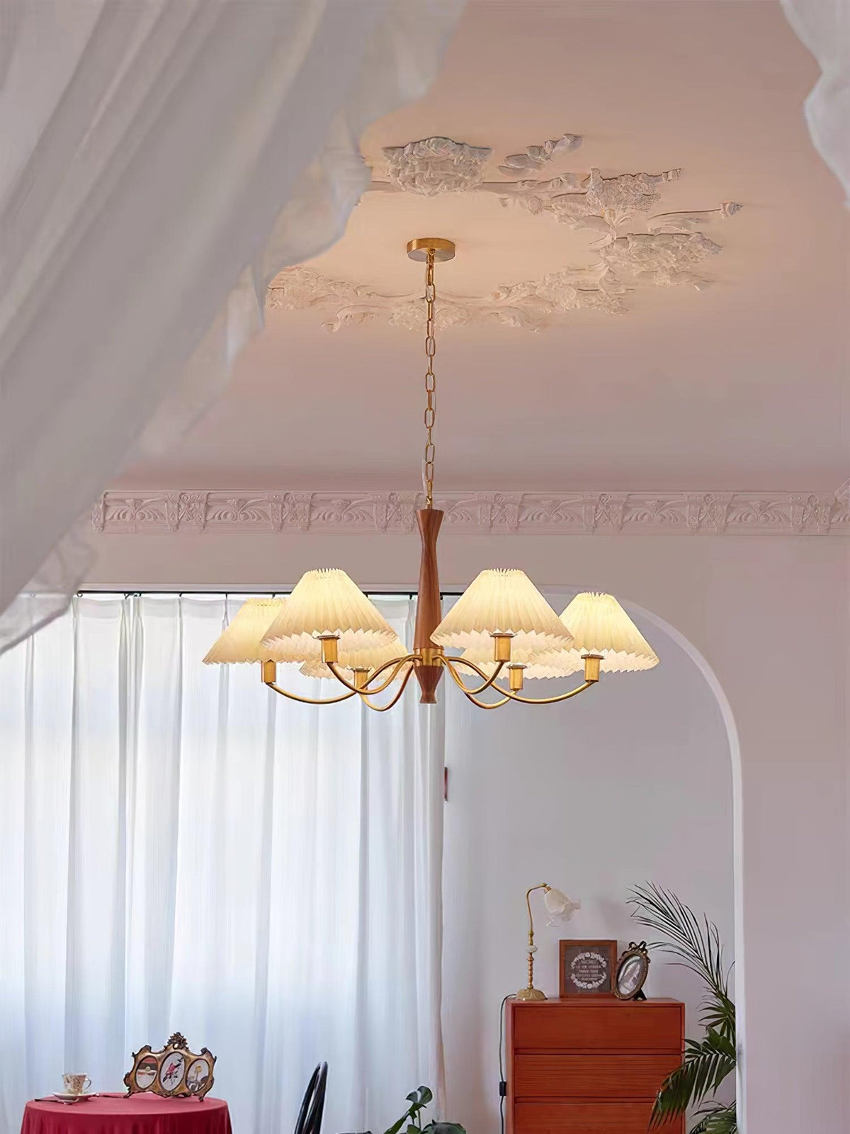 Overhead Fabric Shade Fixture with Curved Arms for Dining Tables & Open Kitchens – Ash Wood & Iron Frame with Adjustable Chain in Beige
