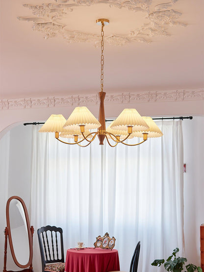 Overhead Fabric Shade Fixture with Curved Arms for Dining Tables & Open Kitchens – Ash Wood & Iron Frame with Adjustable Chain in Beige