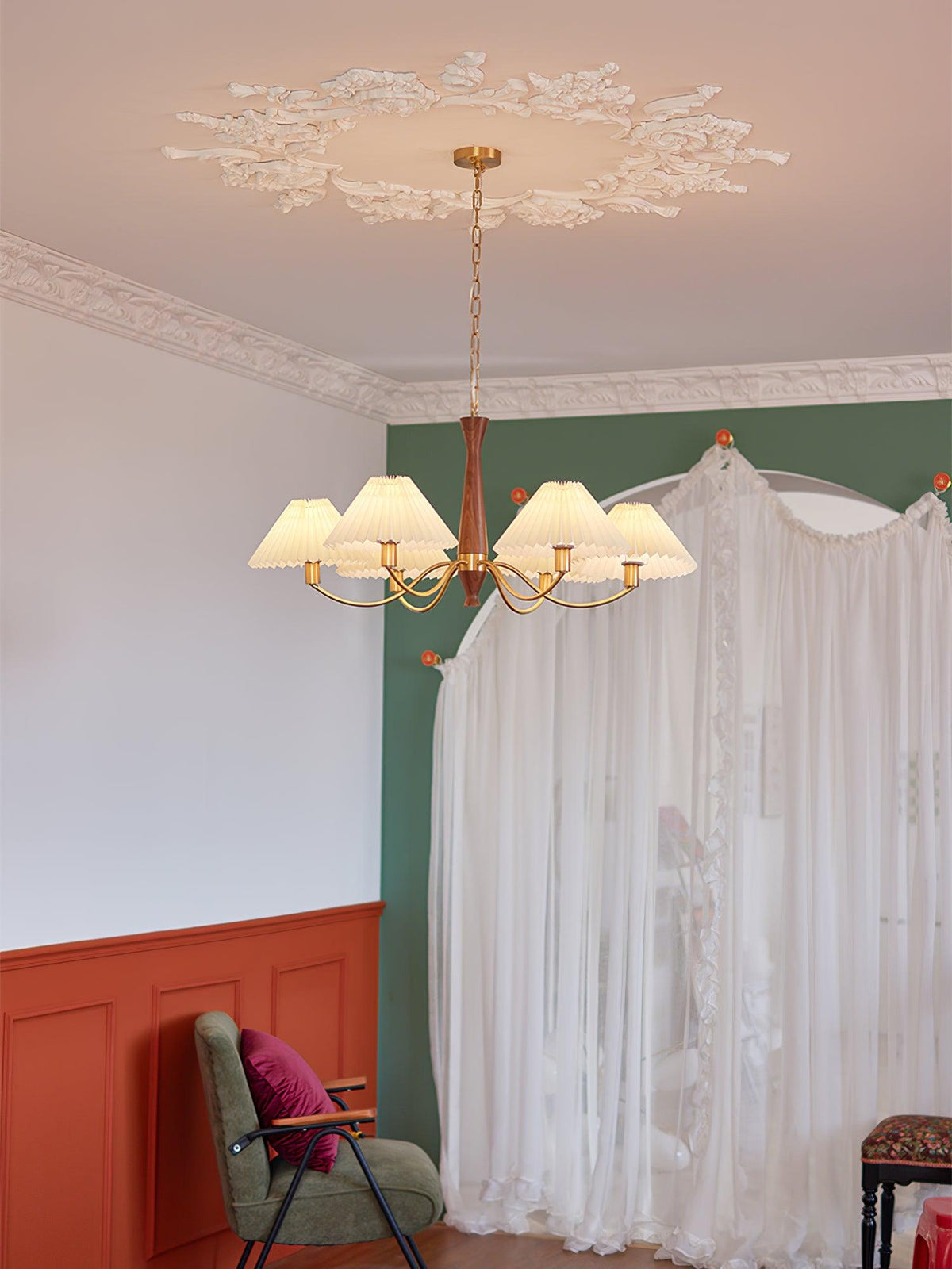 Overhead Fabric Shade Fixture with Curved Arms for Dining Tables & Open Kitchens – Ash Wood & Iron Frame with Adjustable Chain in Beige