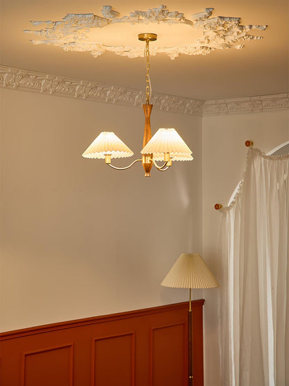 Overhead Fabric Shade Fixture with Curved Arms for Dining Tables & Open Kitchens – Ash Wood & Iron Frame with Adjustable Chain in Beige