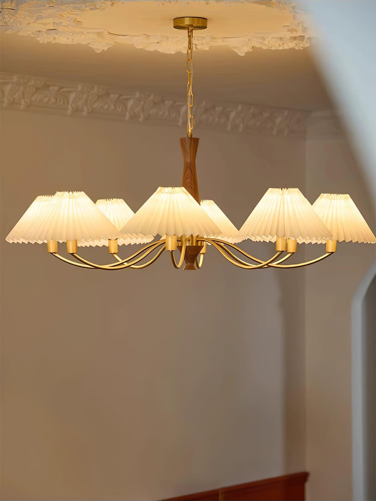 Overhead Fabric Shade Fixture with Curved Arms for Dining Tables & Open Kitchens – Ash Wood & Iron Frame with Adjustable Chain in Beige