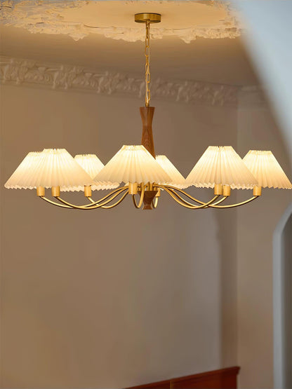 Overhead Fabric Shade Fixture with Curved Arms for Dining Tables & Open Kitchens – Ash Wood & Iron Frame with Adjustable Chain in Beige