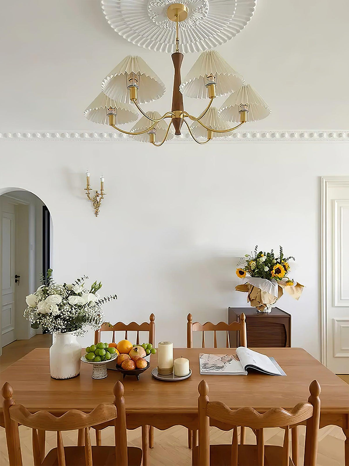 Overhead Fabric Shade Fixture with Curved Arms for Dining Tables & Open Kitchens – Ash Wood & Iron Frame with Adjustable Chain in Beige