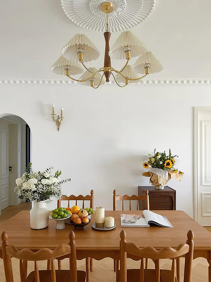 Overhead Fabric Shade Fixture with Curved Arms for Dining Tables & Open Kitchens – Ash Wood & Iron Frame with Adjustable Chain in Beige