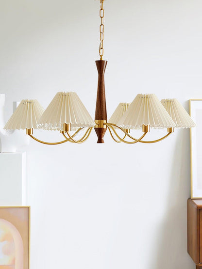 Overhead Fabric Shade Fixture with Curved Arms for Dining Tables & Open Kitchens – Ash Wood & Iron Frame with Adjustable Chain in Beige