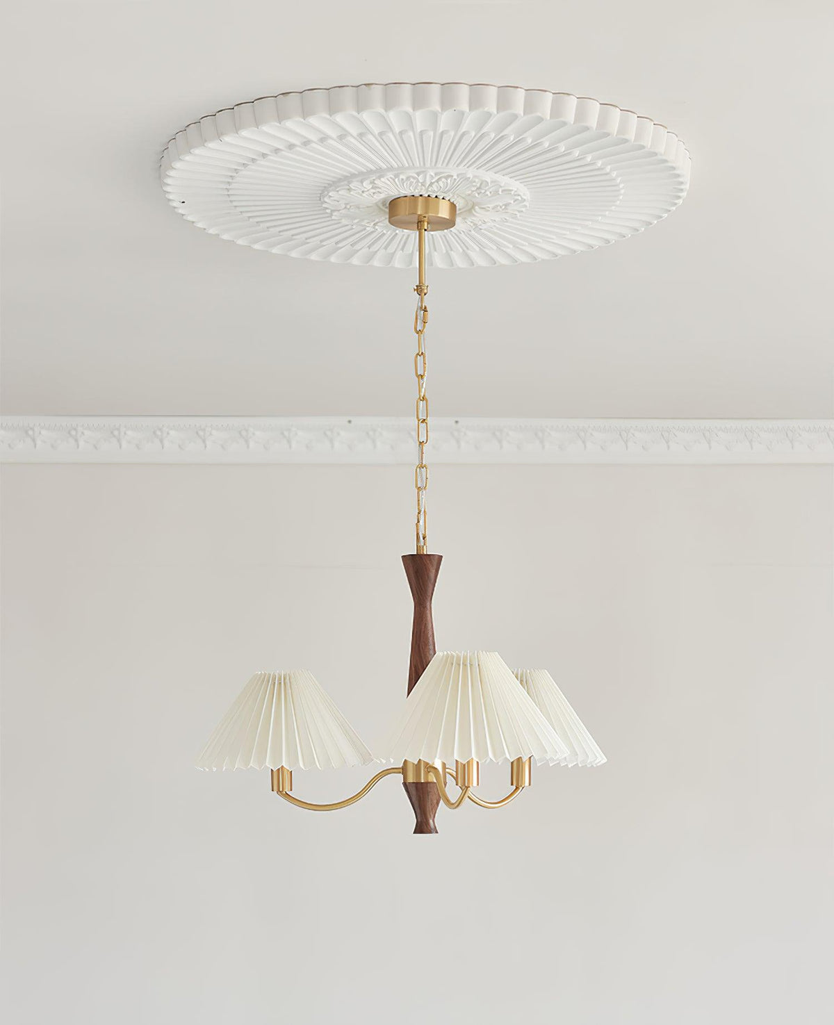 Overhead Fabric Shade Fixture with Curved Arms for Dining Tables & Open Kitchens – Ash Wood & Iron Frame with Adjustable Chain in Beige