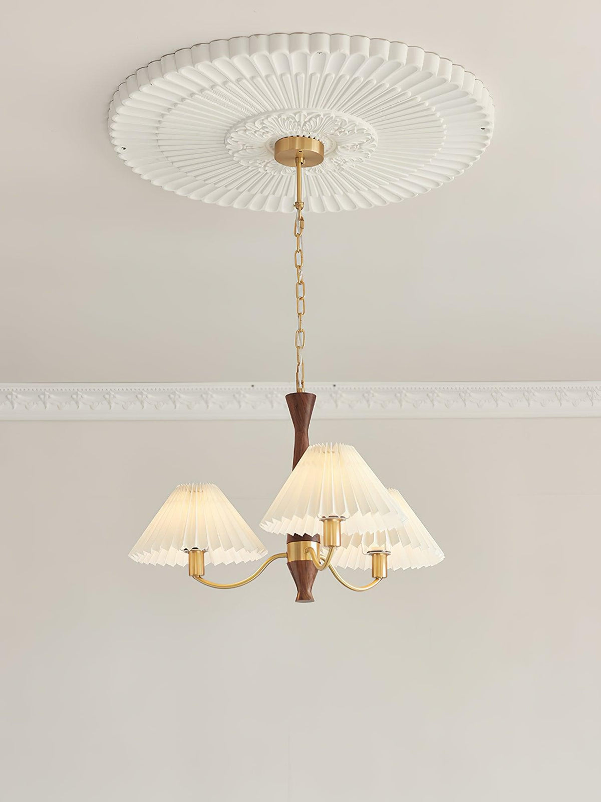Overhead Fabric Shade Fixture with Curved Arms for Dining Tables & Open Kitchens – Ash Wood & Iron Frame with Adjustable Chain in Beige