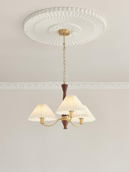 Overhead Fabric Shade Fixture with Curved Arms for Dining Tables & Open Kitchens – Ash Wood & Iron Frame with Adjustable Chain in Beige