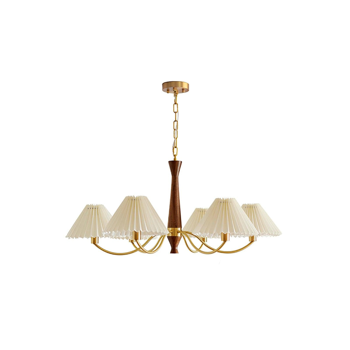 Overhead Fabric Shade Fixture with Curved Arms for Dining Tables & Open Kitchens – Ash Wood & Iron Frame with Adjustable Chain in Beige