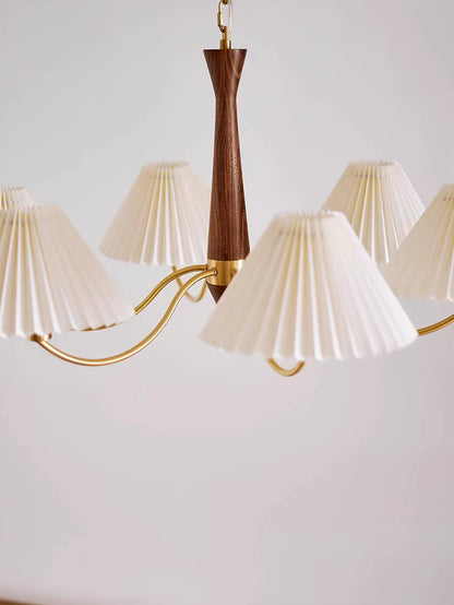 Overhead Fabric Shade Fixture with Curved Arms for Dining Tables & Open Kitchens – Ash Wood & Iron Frame with Adjustable Chain in Beige