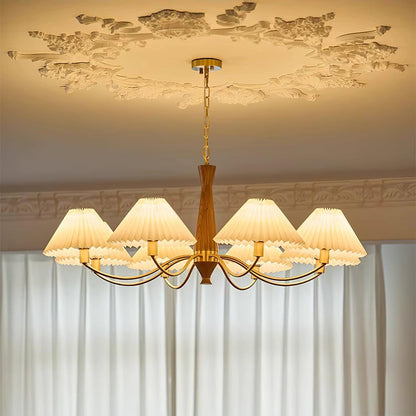 Overhead Fabric Shade Fixture with Curved Arms for Dining Tables & Open Kitchens – Ash Wood & Iron Frame with Adjustable Chain in Beige