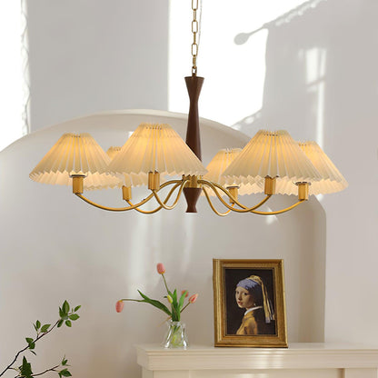Overhead Fabric Shade Fixture with Curved Arms for Dining Tables & Open Kitchens – Ash Wood & Iron Frame with Adjustable Chain in Beige