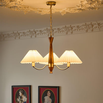 Overhead Fabric Shade Fixture with Curved Arms for Dining Tables & Open Kitchens – Ash Wood & Iron Frame with Adjustable Chain in Beige