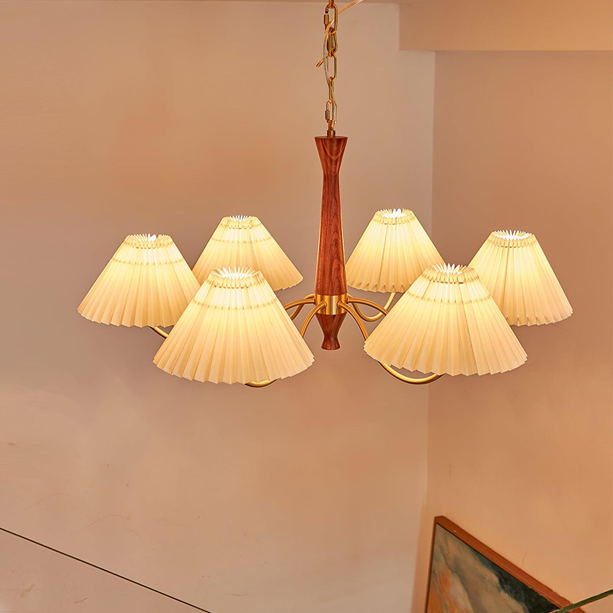 Overhead Fabric Shade Fixture with Curved Arms for Dining Tables & Open Kitchens – Ash Wood & Iron Frame with Adjustable Chain in Beige