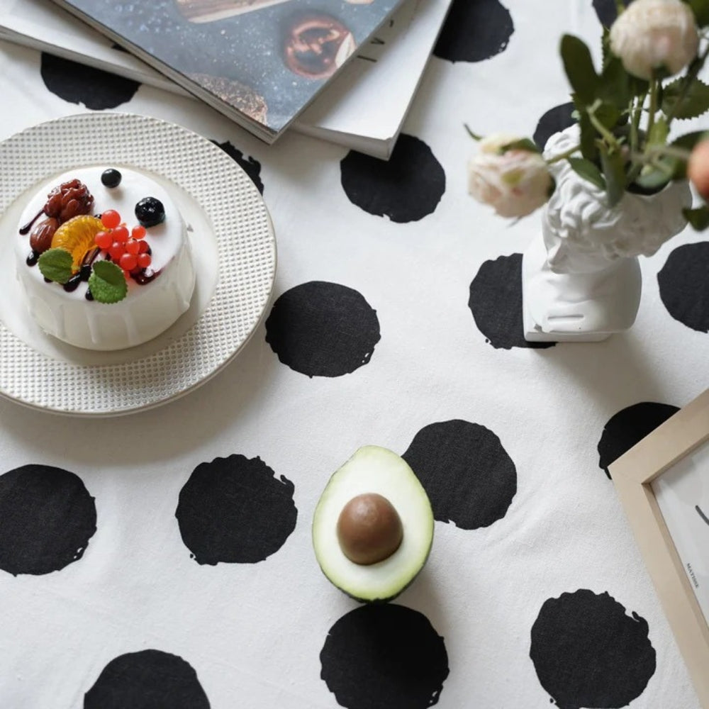 Polara Charm Table Cloth - Microfiber Blend, Black Polka Dot with Tassel Edging