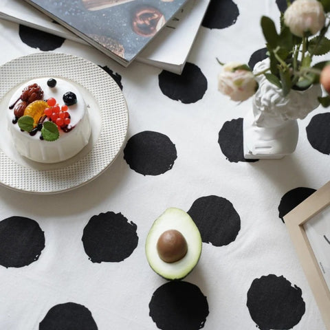Polara Charm Table Cloth - Microfiber Blend, Black Polka Dot with Tassel Edging