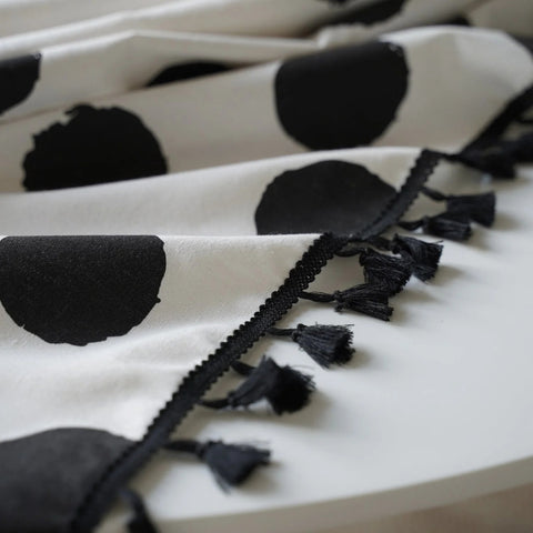 Polara Charm Table Cloth - Microfiber Blend, Black Polka Dot with Tassel Edging