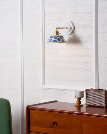 Ceramic Sconce with Brass Hardware in Blue & White – Hardwired E26 Socket for Bathroom, Bedroom & Hallway Accent Lighting